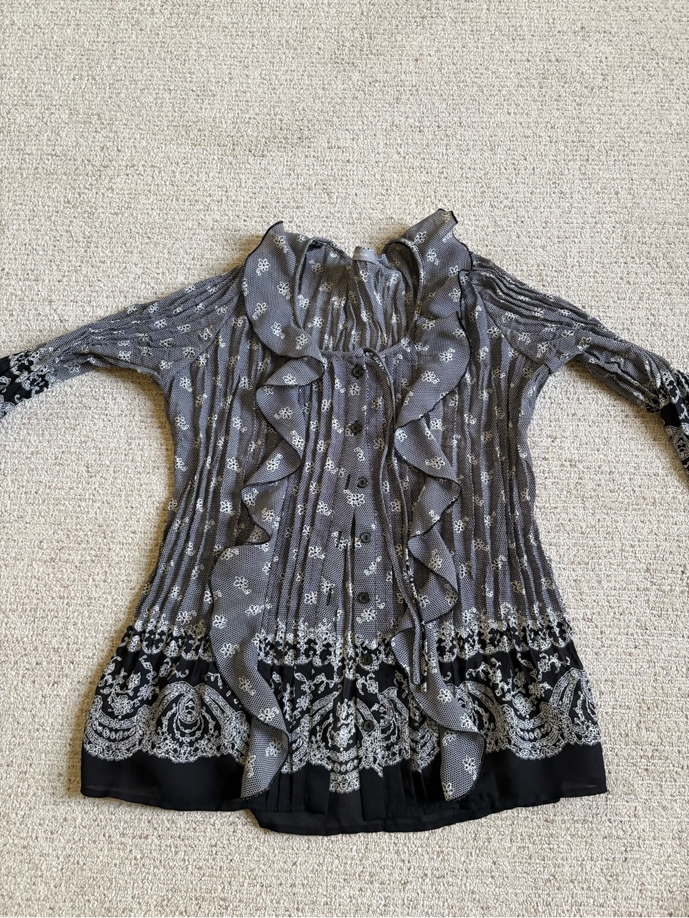 NY Collection Gray Ruffled Button-Up Blouse with Black Trim